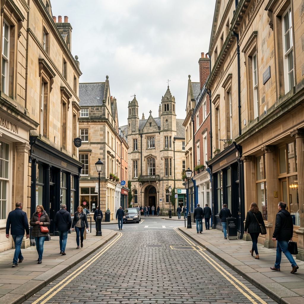 Colmore Row Birmingham streetscape with historic stone buildings and pedestrians — Bralton editorial