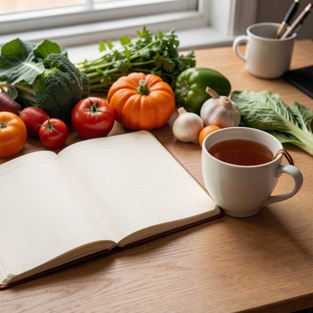 Open notebook beside seasonal vegetables and a cup of tea on a desk — Bralton editorial