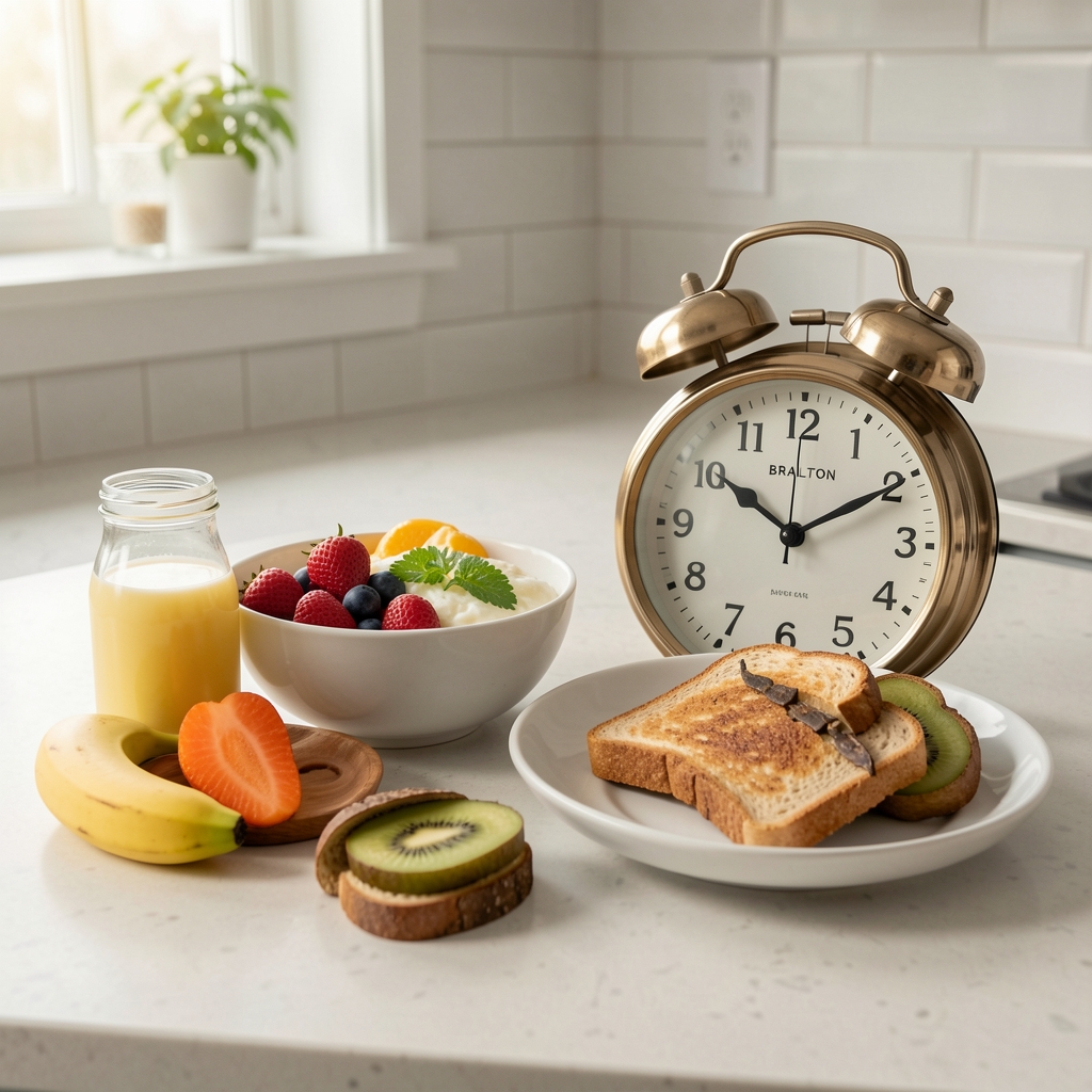 Simple breakfast and evening meal ingredients arranged beside a kitchen clock — Bralton editorial