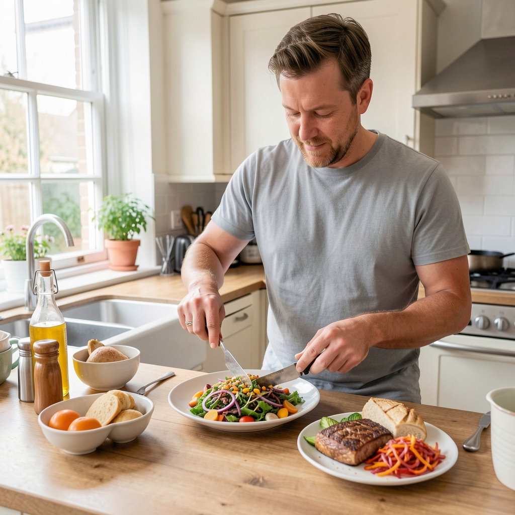 Man preparing a colourful balanced meal in a bright Birmingham kitchen — Bralton editorial