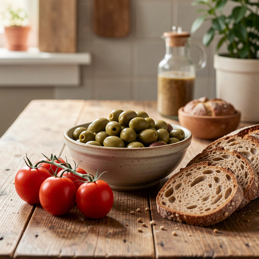 Bowl of olives, ripe tomatoes and wholegrain bread on a rustic kitchen table — Bralton editorial