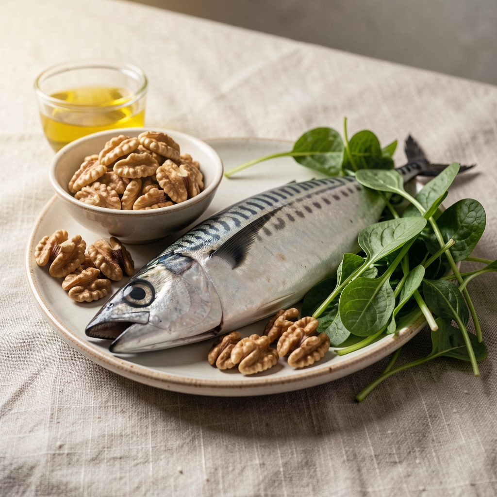 Mackerel, walnuts, rapeseed oil and green vegetables on a linen table — Bralton editorial
