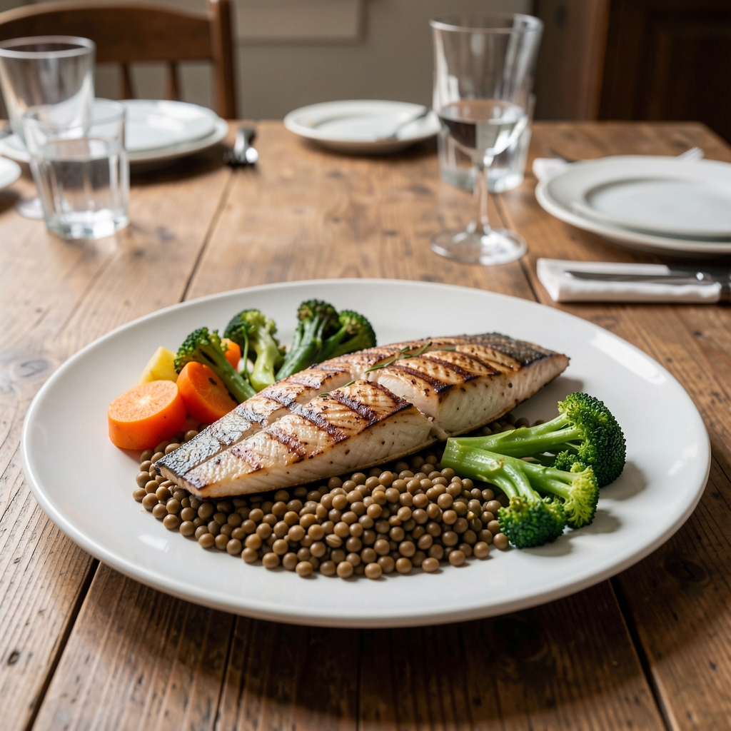 Grilled fish, lentils and steamed vegetables arranged on a wooden dining table — Bralton editorial