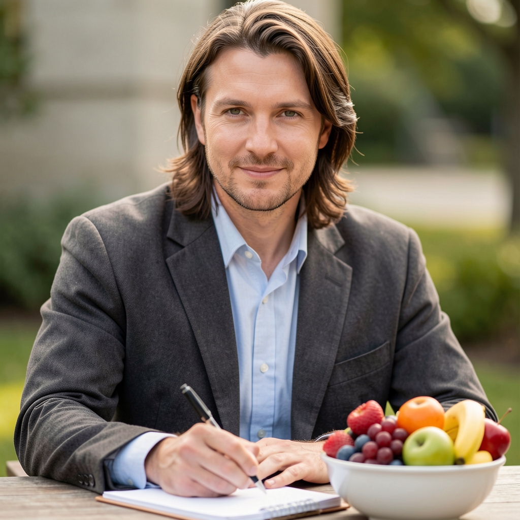 Portrait of a Bralton staff writer typing notes beside a bowl of fresh fruit